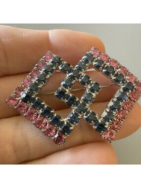 Vintage Rhinestone Brooch Pink Blue Silver Tone Double Diamond Shape Interlocked